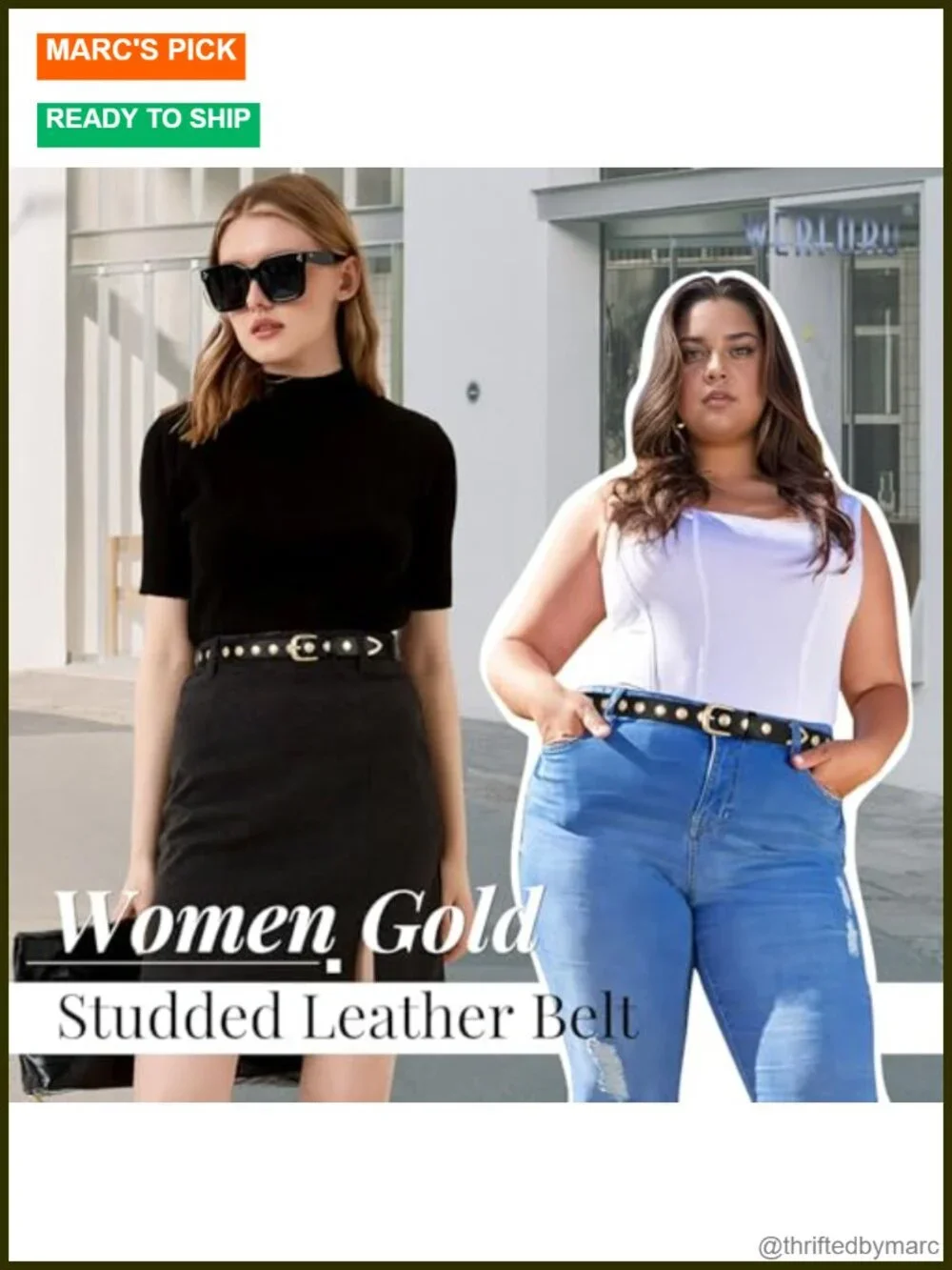 Faux Leather Studded Belt with Gold Buckle Punk Vintage Adjustable
